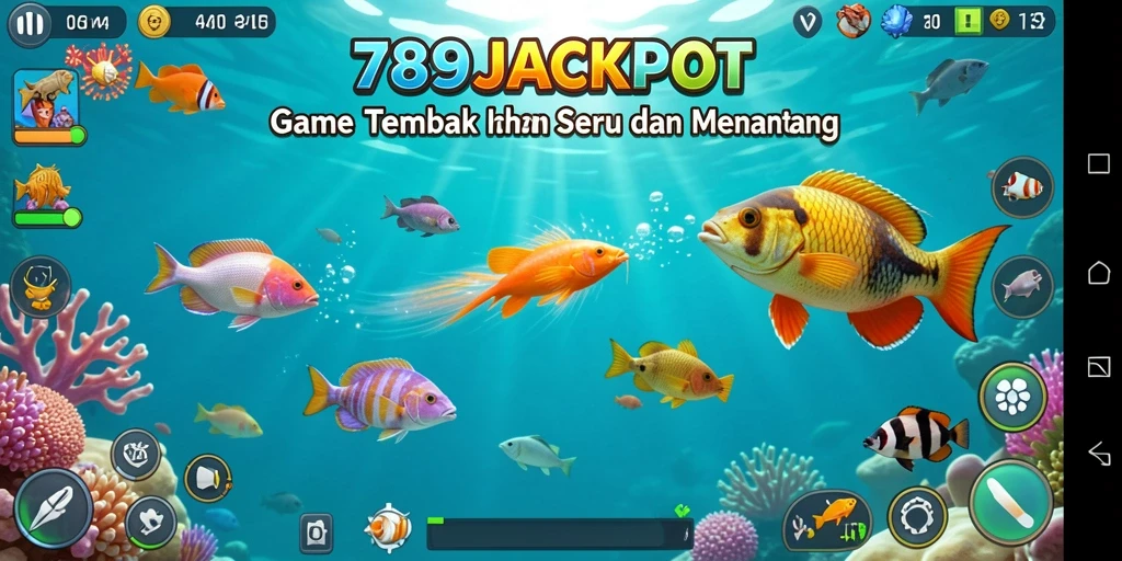 Tampilan gameplay 789JACKPOT dengan ikan penuh warna dan senjata canggih.