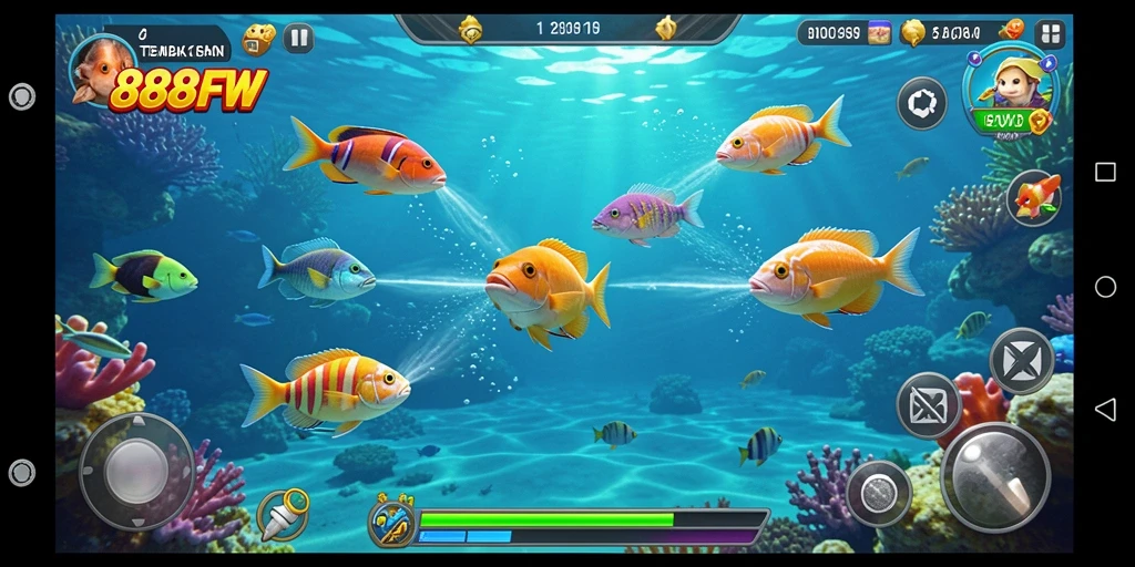 Tampilan gameplay 888FW saat menangkap ikan di bawah laut.
