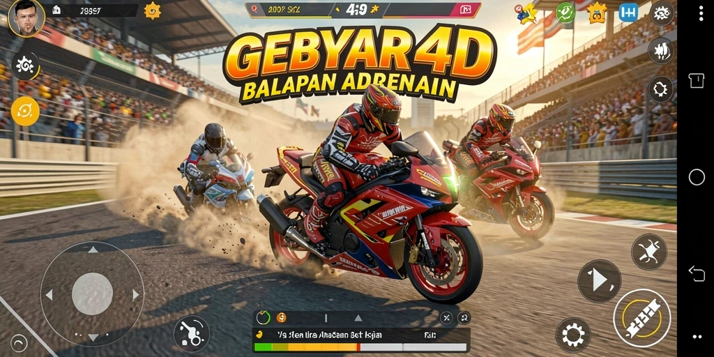 Gameplay seru GEBYAR4D dengan balapan motor yang cepat.