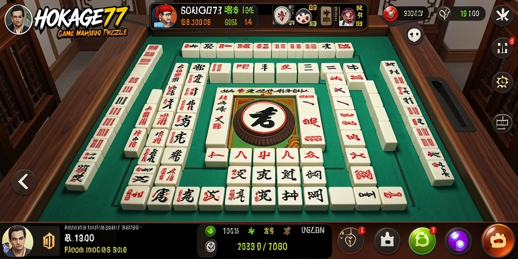 Tampilan gameplay HOKAGE77 dengan ubin Mahjong yang berwarna-warni.
