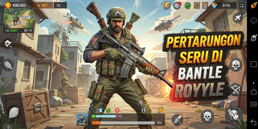 Screenshot KING403 menampilkan aksi seru di arena Battle Royale.