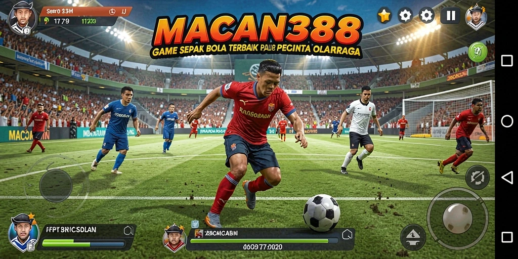 Screenshot gameplay yang menunjukkan aksi seru dalam permainan sepak bola.