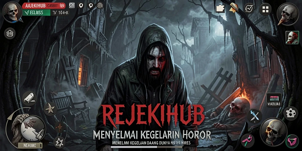 Tangkapan layar utama <strong>REJEKIHUB</strong> menampilkan suasana menegangkan dan gameplay menyeramkan.