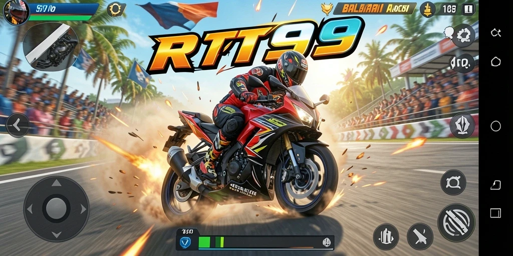 Screenshot utama RT99 menunjukkan aksi balapan motor yang seru dan mendebarkan.